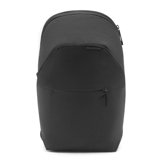 A black backpack with a curved top design, featuring a front zippered pocket and a top zipper, shown against a plain white background.