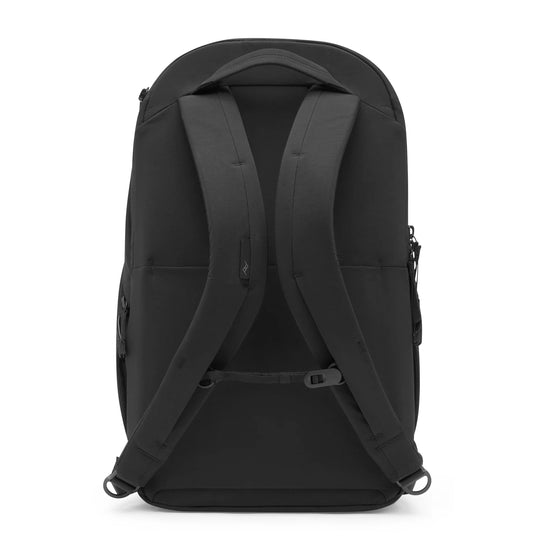 Black backpack shown from the back view on a solid white background.