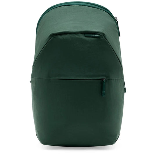 A dark green backpack with a front zippered pocket, shown from the front against a plain white background.