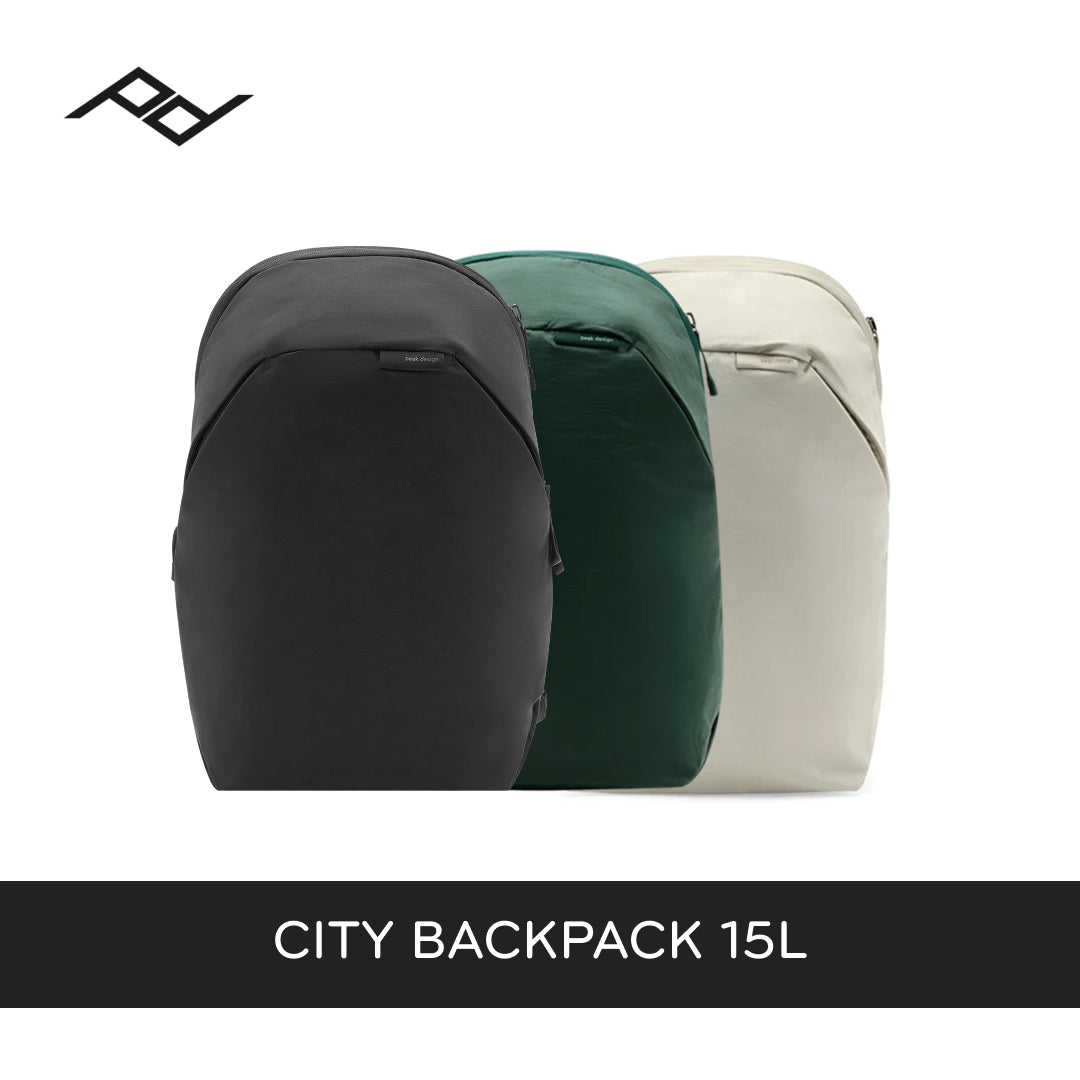 Three backpacks shown in a studio-style product image: one black, one dark green, and one light beige, arranged in a row on a white background with a black banner at the bottom reading &