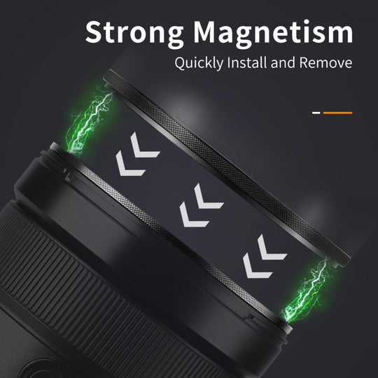 Close-up of a black Empty Magnetic Base Ring component with three white chevron arrows on a dark background, plus green lightning effects and the text &