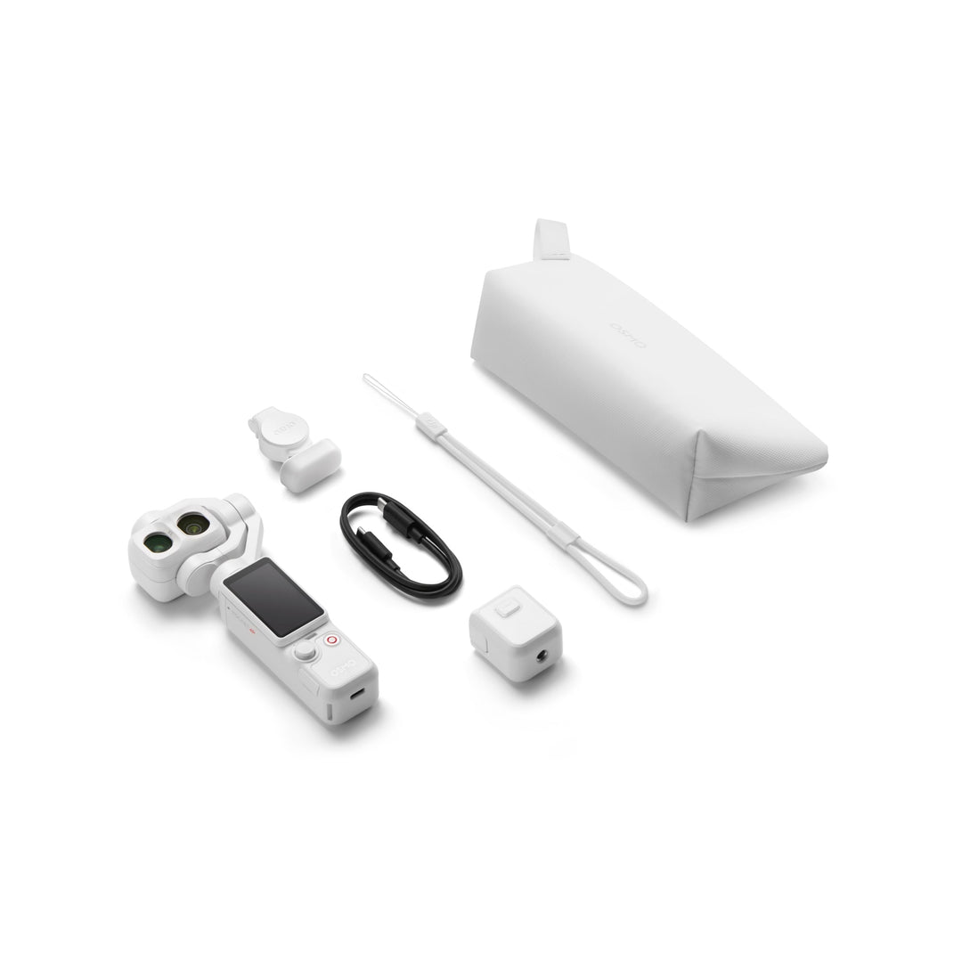 Collection of White DJI osmo pocket 4P standard combo including a camera, battery pack, and accessories on a white background