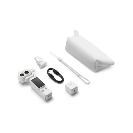 Collection of White DJI osmo pocket 4P standard combo including a camera, battery pack, and accessories on a white background