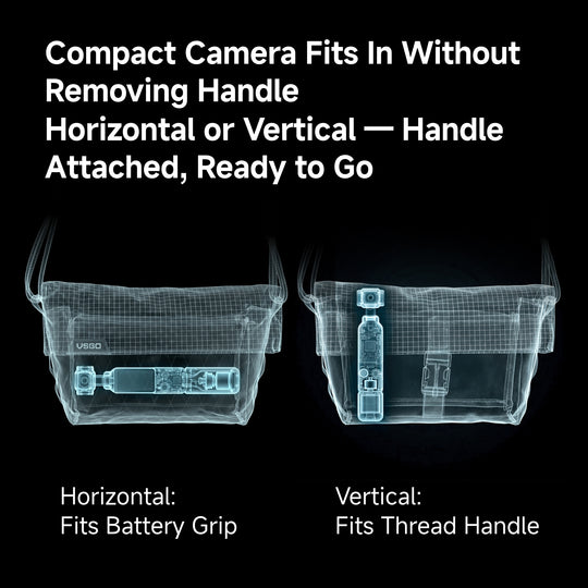 Compact camera fits inside a bag without removing handle, shown in horizontal and vertical orientations.