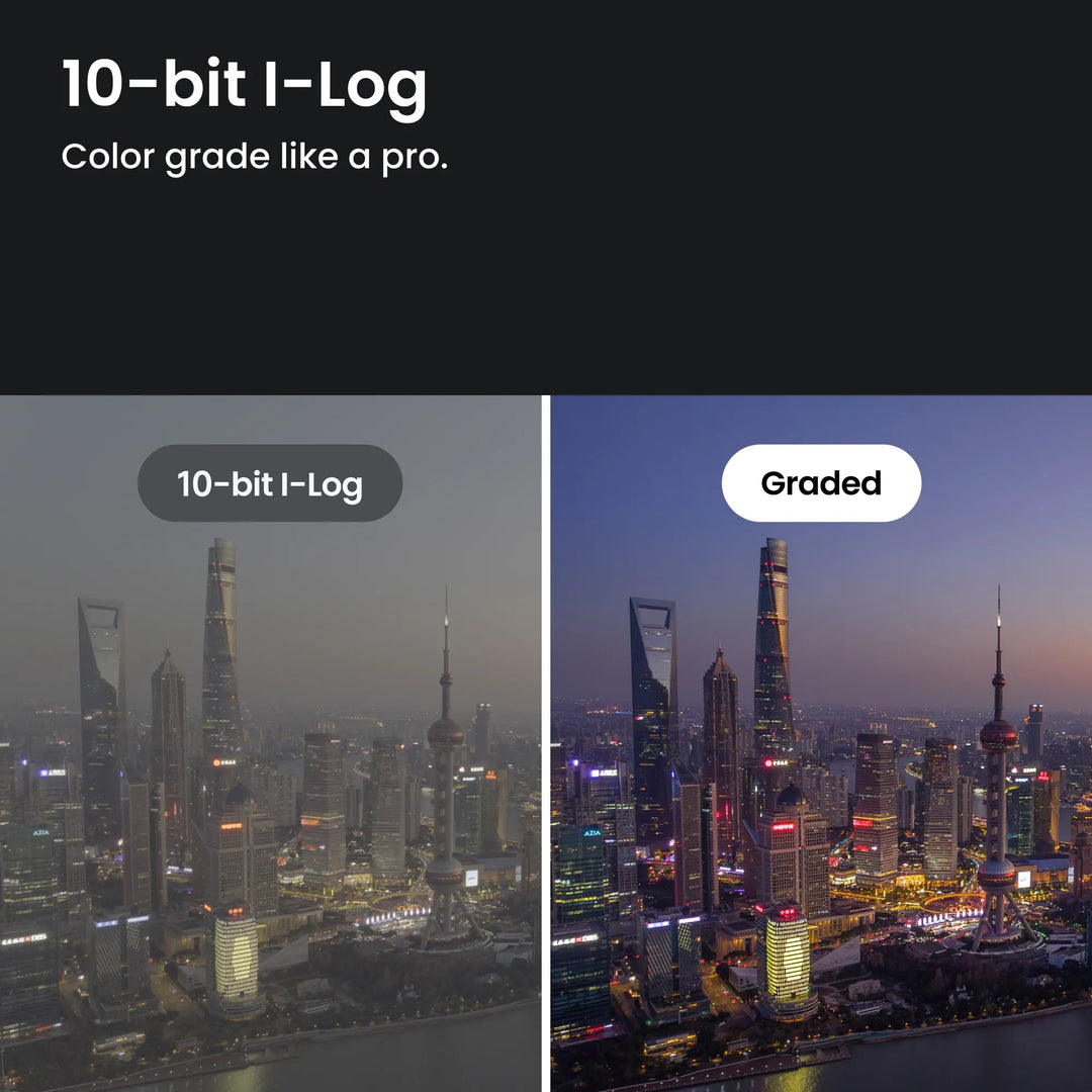 Comparison of a city skyline labeled '10-bit I-Log' and 'Graded' with text 'Color grade like a pro.'