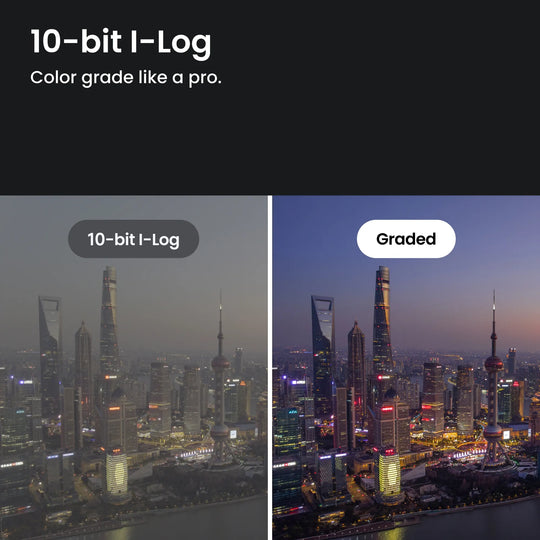 Comparison of a city skyline labeled '10-bit I-Log' and 'Graded' with text 'Color grade like a pro.'