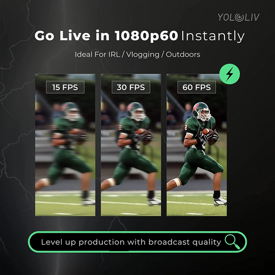 Comparison of video frame rates on a sports player in action with text about live streaming quality.