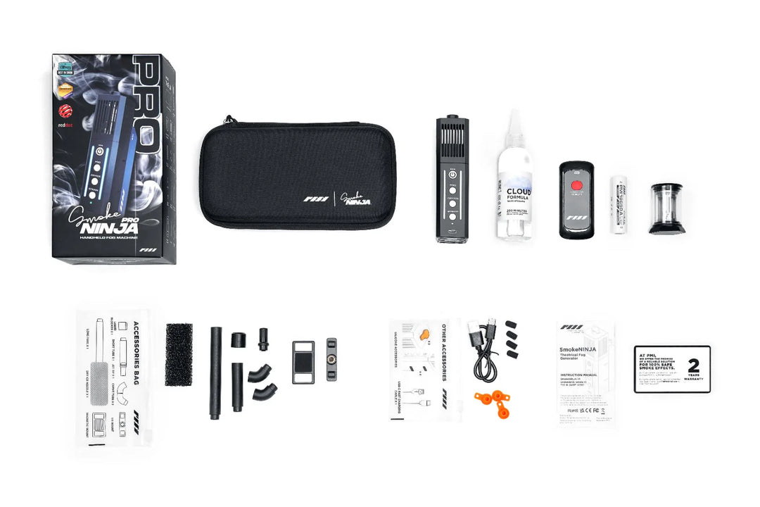 PMI SmokeNINJA PRO - Handheld Fog Machine with accessories on a white background