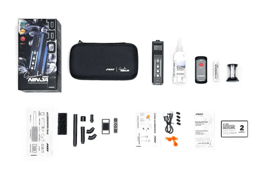 PMI SmokeNINJA PRO - Handheld Fog Machine with accessories on a white background