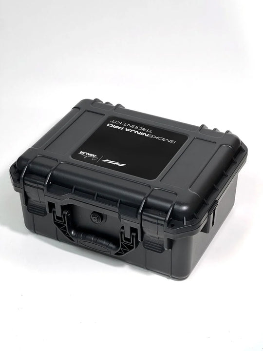 Black hard-shell protective case on a white background