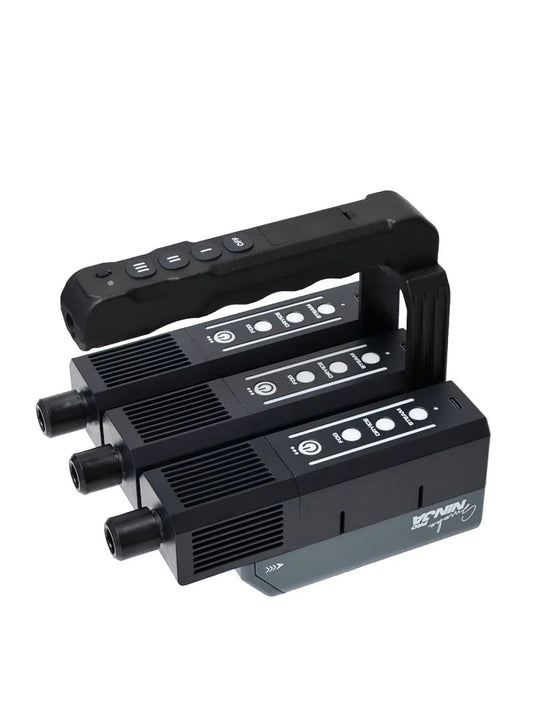 Black Handheld Fog Machine with multiple ports and buttons on a white background