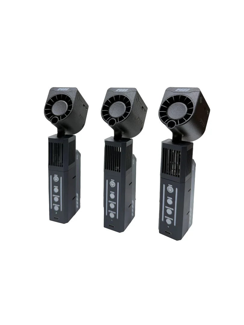 Three black handheld Fog Machine with digital displays on a white background