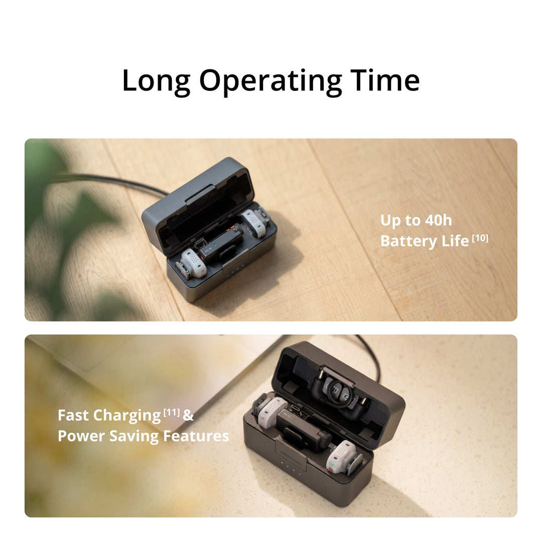 Promotional graphic for wireless mics showing the charging case open with the dji mic mini 2s inside on a light wood surface. Text at the top reads &