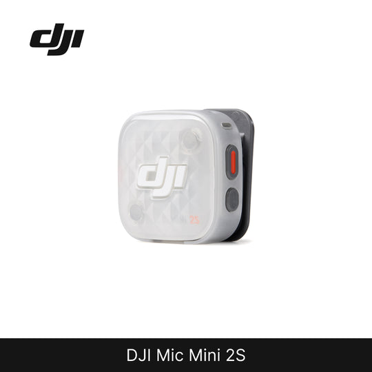 DJI Mic Mini 2S microphone in a clear protective case, shown on a white background with a black DJI logo at the top left and a black bar at the bottom with the text &