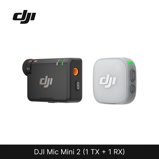 DJI Mic Mini 2 wireless microphone system on a white background with DJI logo.