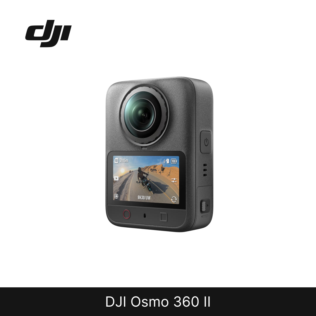 DJI Osmo 360 II action camera in dark gray, shown from a three-quarter angle on a white background with a black bar at the bottom containing the text &
