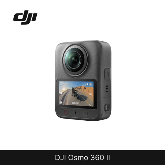 DJI Osmo 360 II action camera in dark gray, shown from a three-quarter angle on a white background with a black bar at the bottom containing the text &