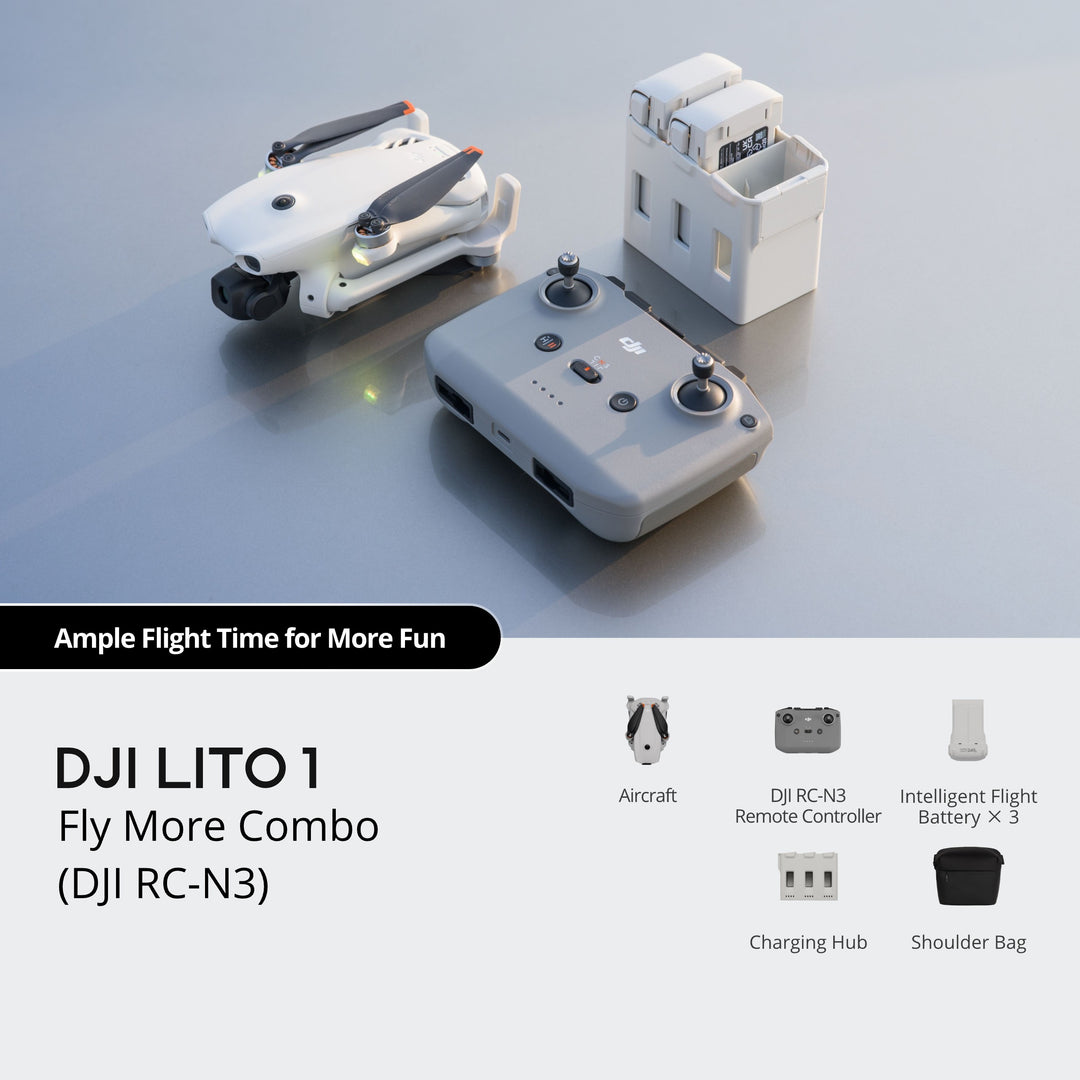 DJI LITO 1 Fly More Combo with remote controller, battery, and accessories on a gray background
