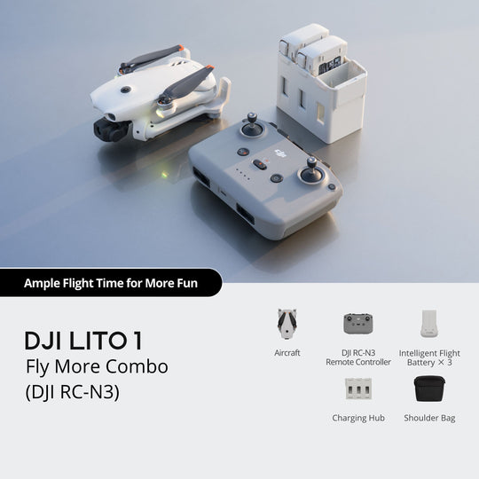 DJI LITO 1 Fly More Combo with remote controller, battery, and accessories on a gray background