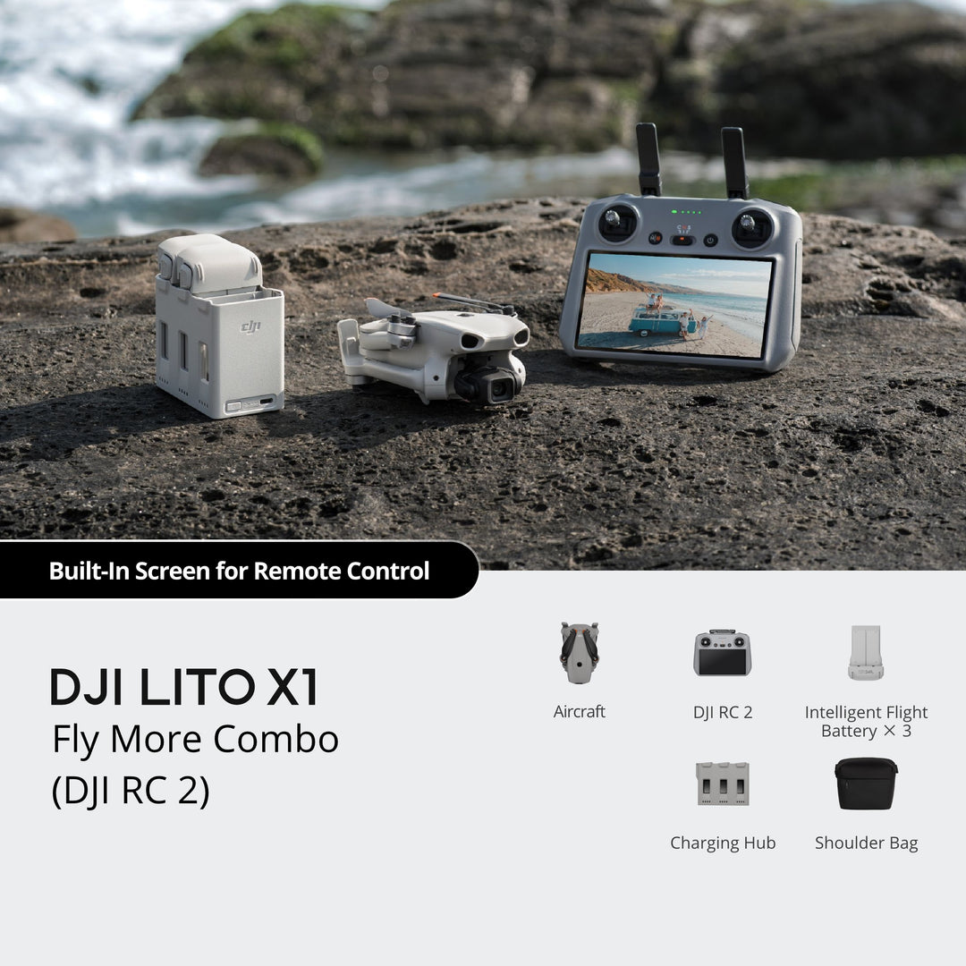 DJI LITO X1 Fly More Combo with remote control and accessories on a rocky surface.