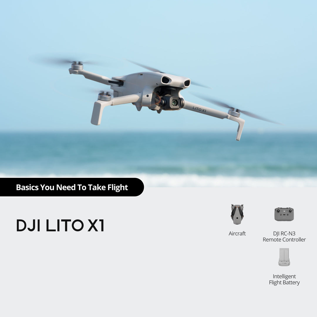 DJI LITO X1 drone flying over a beach with ocean view
