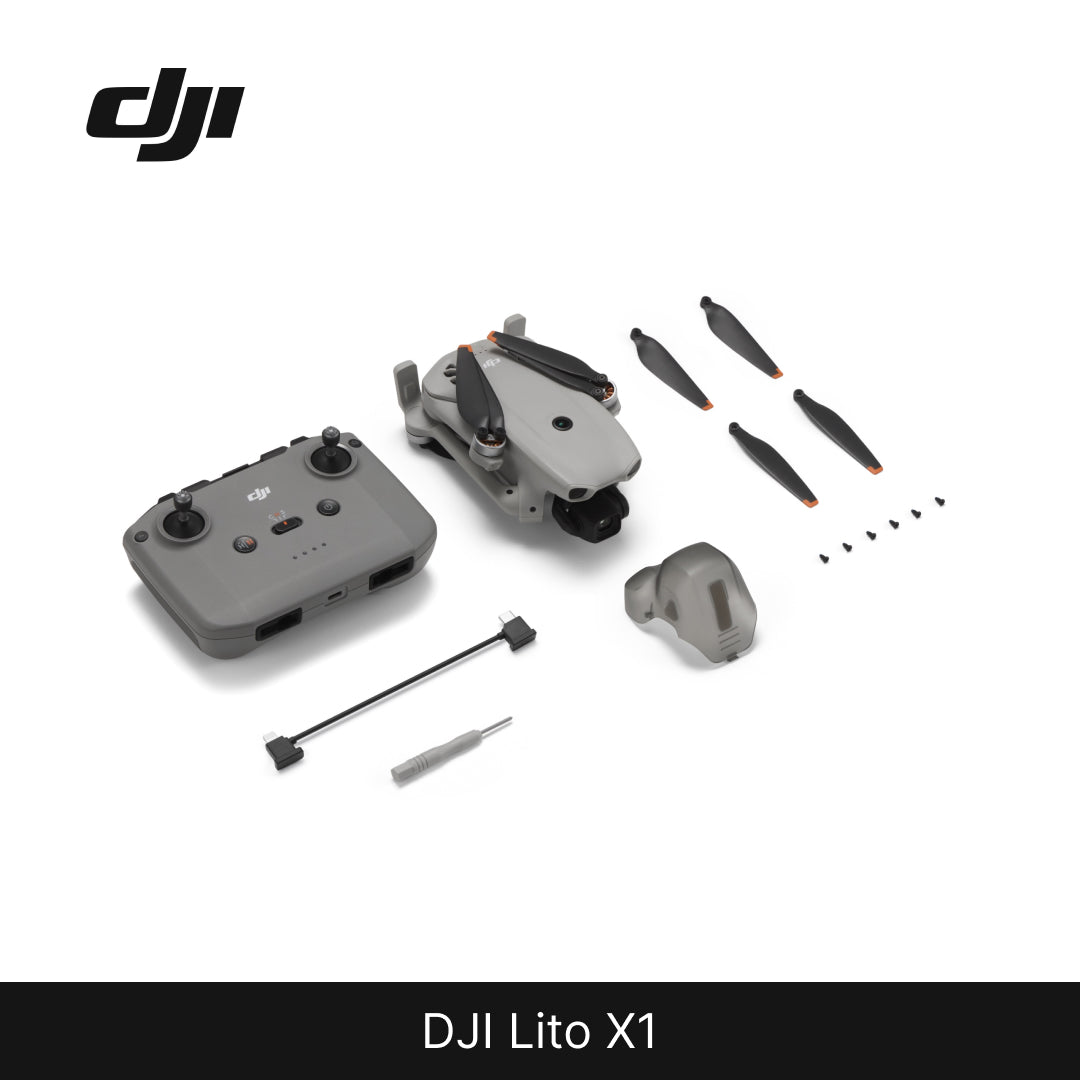 DJI Lito X1 drone and its components on a white background with DJI logo.