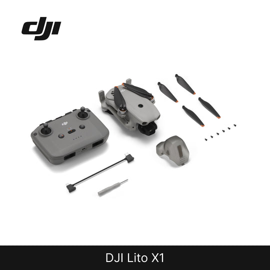 DJI Lito X1 drone and its components on a white background with DJI logo.