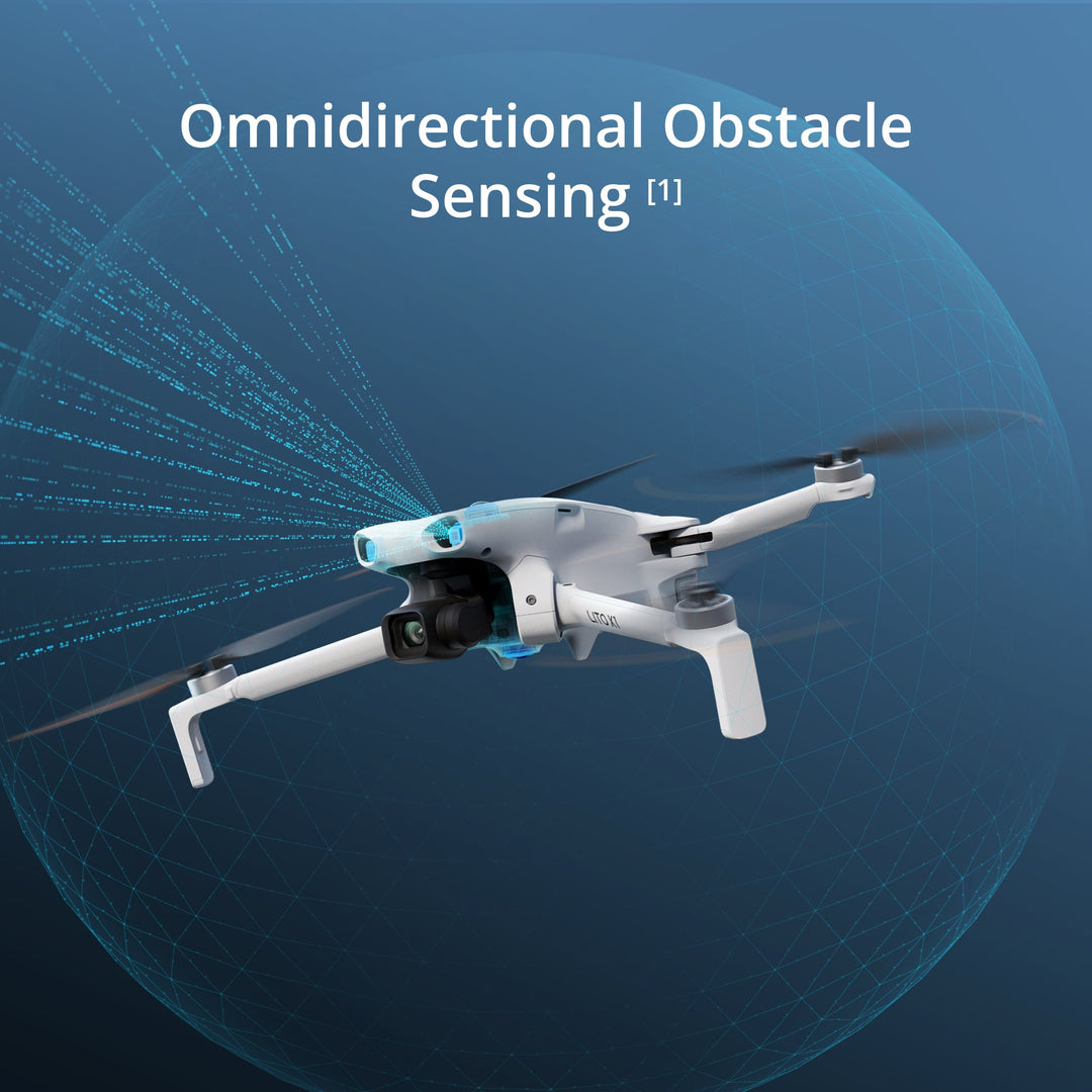 Drone with omnidirectional obstacle sensing technology on a blue background
