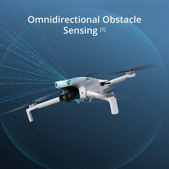 Drone with omnidirectional obstacle sensing technology on a blue background