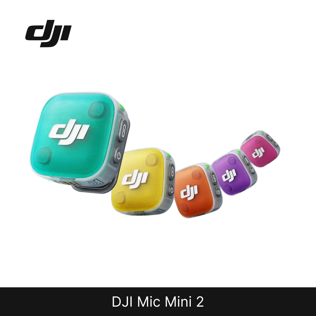 DJI Mic Mini 2 in various colors with DJI logo on a white background