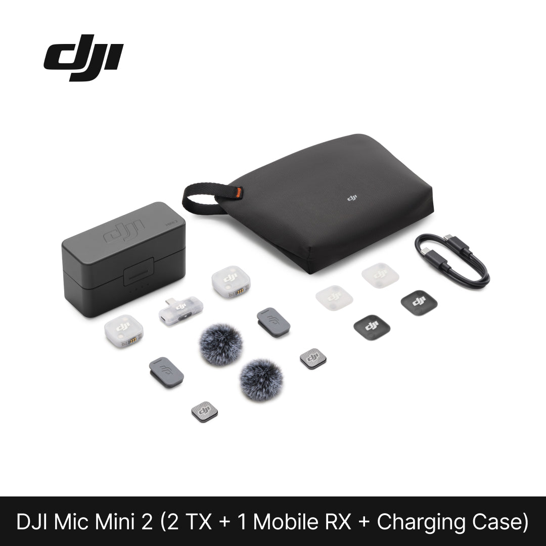 DJI Mic Mini 2 kit with accessories on a white background