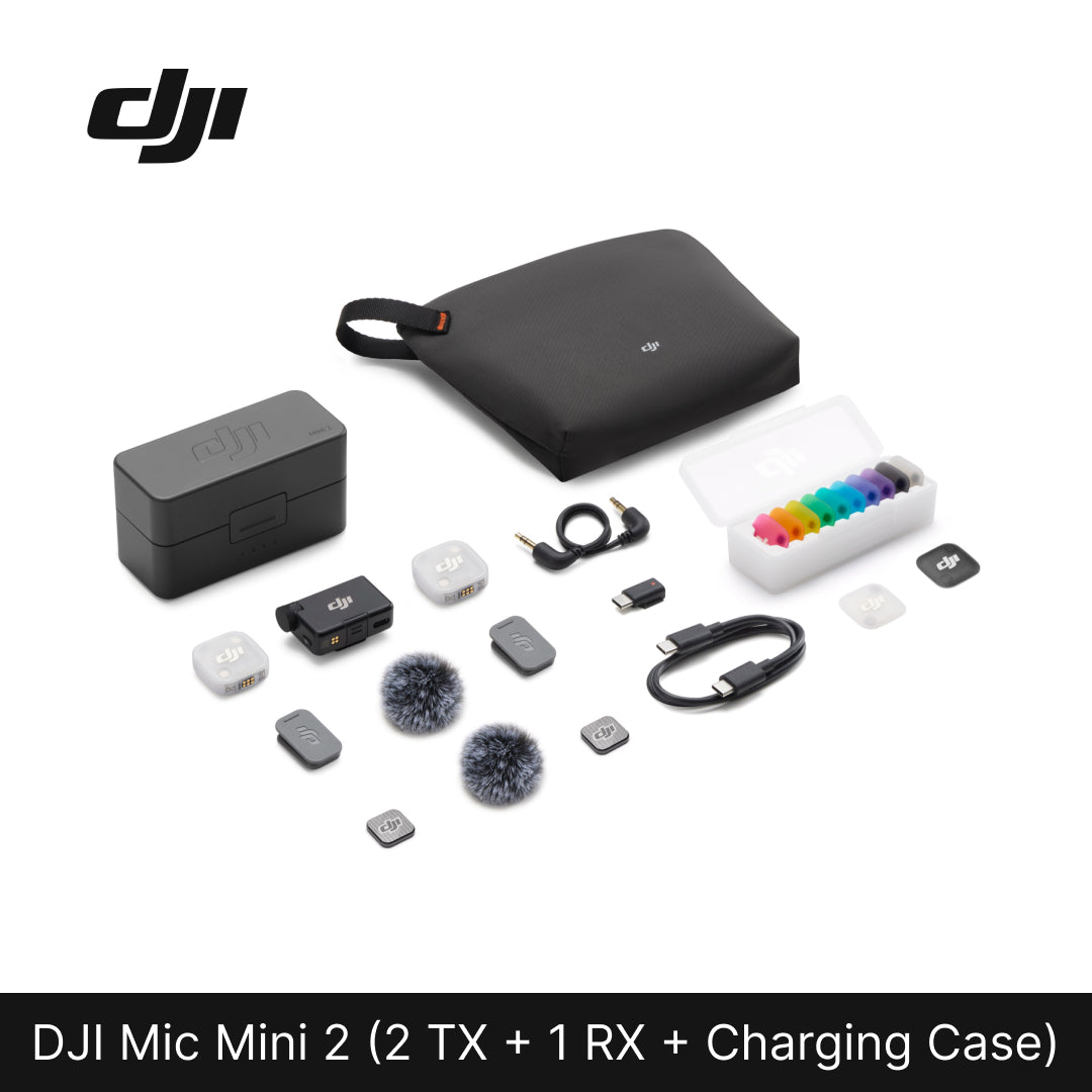 DJI Mic Mini 2 kit with accessories on a white background