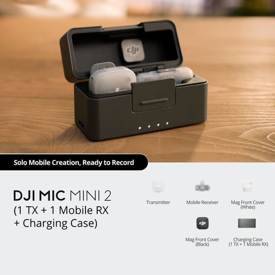 DJI Mic Mini 2 with charging case on a wooden surface