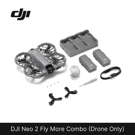 DJI Neo 2 Fly More Combo drone parts on a white background with DJI logo.