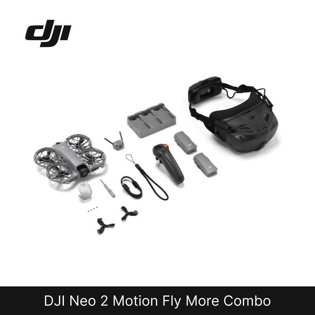 DJI Neo 2 Motion Fly More Combo with drone, remote control, and accessories on a white background.