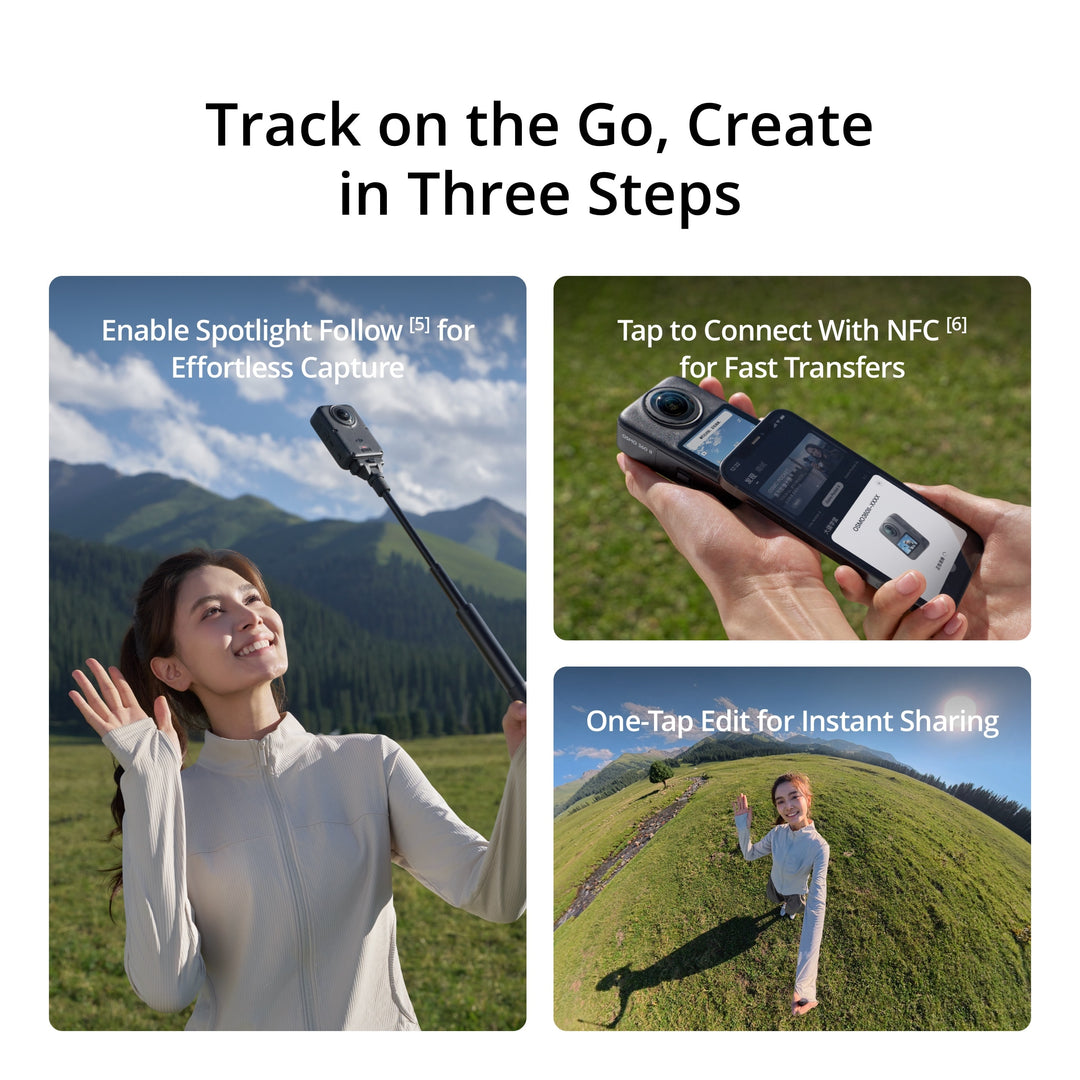 DJI Osmo 360 II 360 camera feature breakdown showing Spotlight Follow subject tracking, NFC tap-to-connect file transfer, and one-tap video editing for instant sharing.