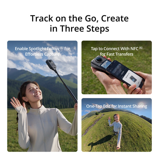 DJI Osmo 360 II 360 camera feature breakdown showing Spotlight Follow subject tracking, NFC tap-to-connect file transfer, and one-tap video editing for instant sharing.