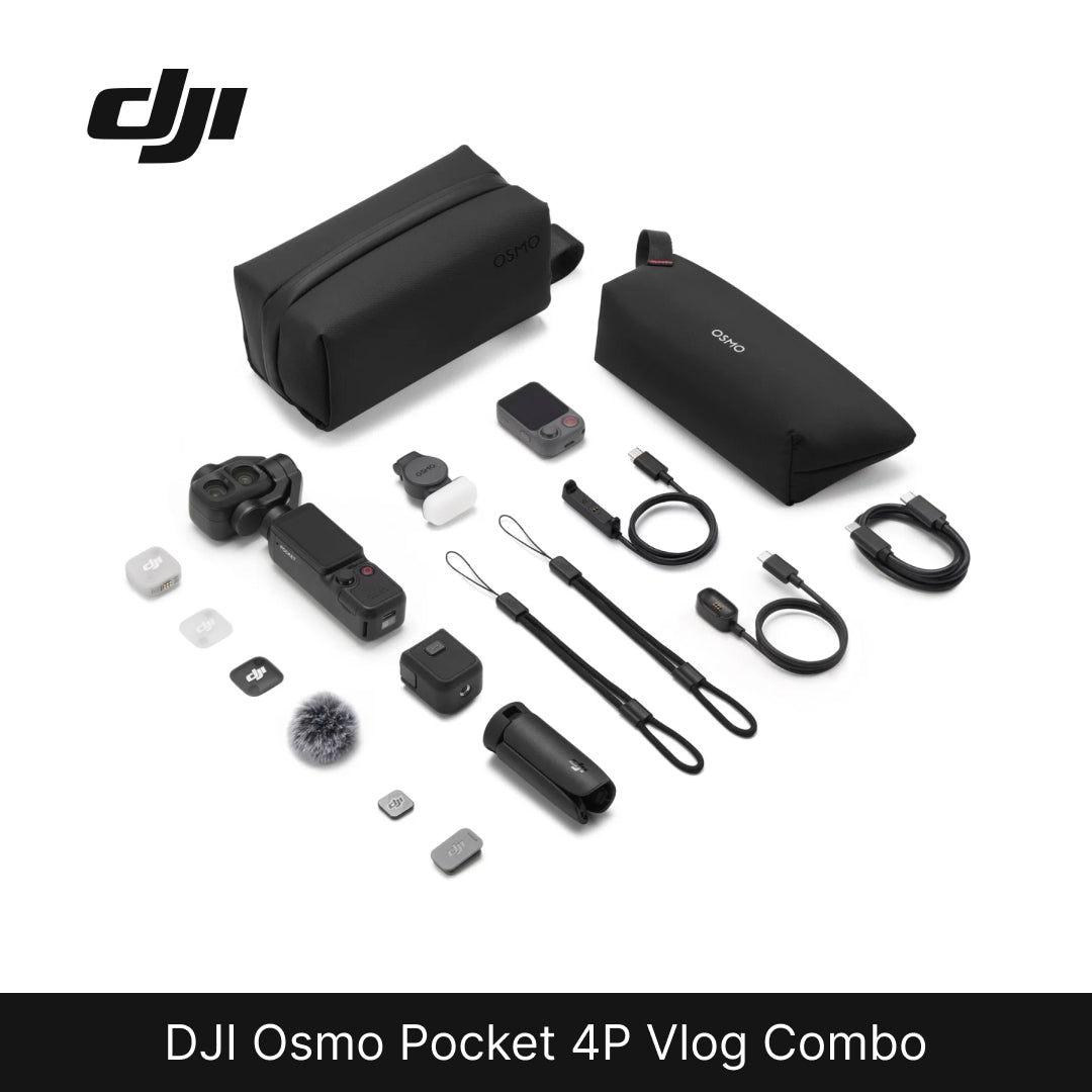 DJI Osmo Pocket 4P vlog combo kit laid out on a white background, including a black carrying case, gimbal, microphone, battery, accessories, and cables. The DJI logo appears in the top left, and a black banner at the bottom reads &