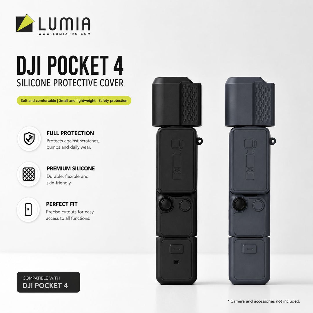 Two black silicone protective cases for the DJI Pocket 4 camera, showing design features like full protection, premium silicone material, and precise cutouts.