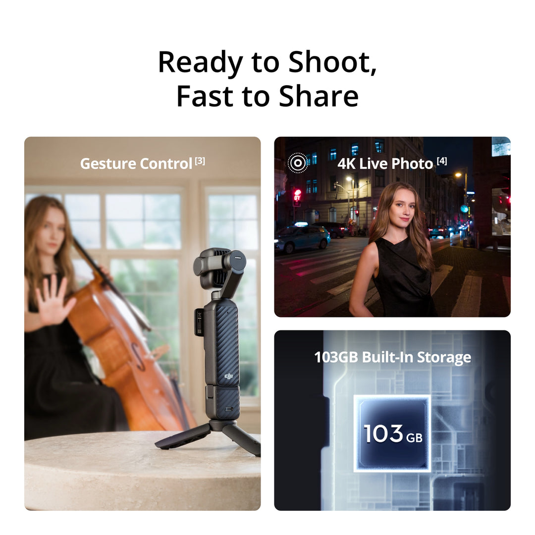 DJI osmo pocket 4P Camera with gesture control and 4K live photo features, displayed on a white background.
