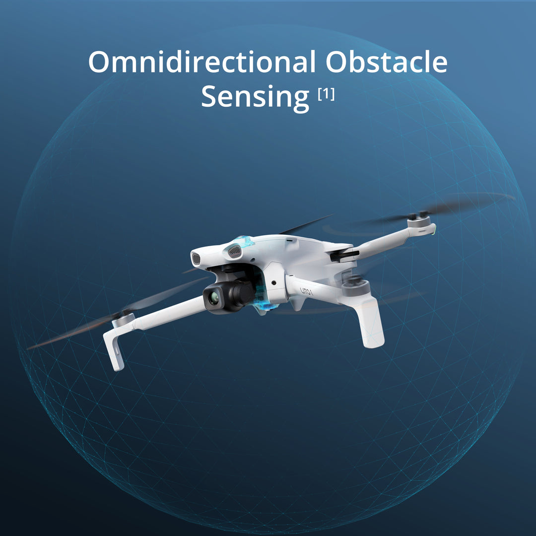 Drone with omnidirectional obstacle sensing technology on a blue background