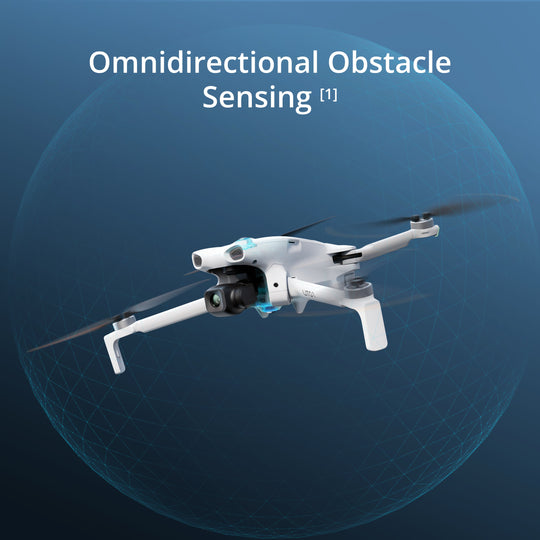 Drone with omnidirectional obstacle sensing technology on a blue background