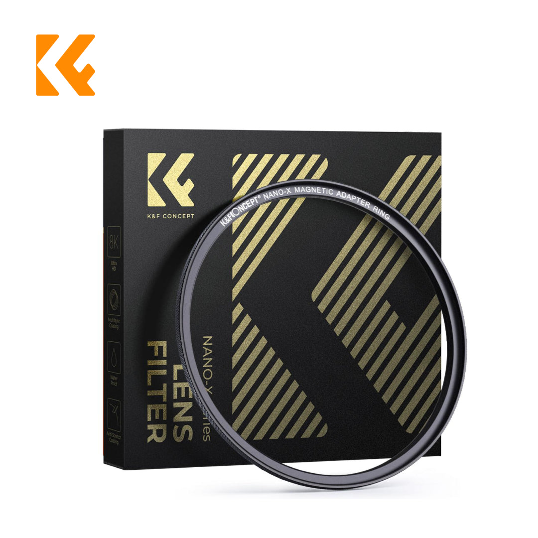 K&amp;F concept Empty Magnetic Base Ring, shown in front of its black and gold retail packaging box on a white background.