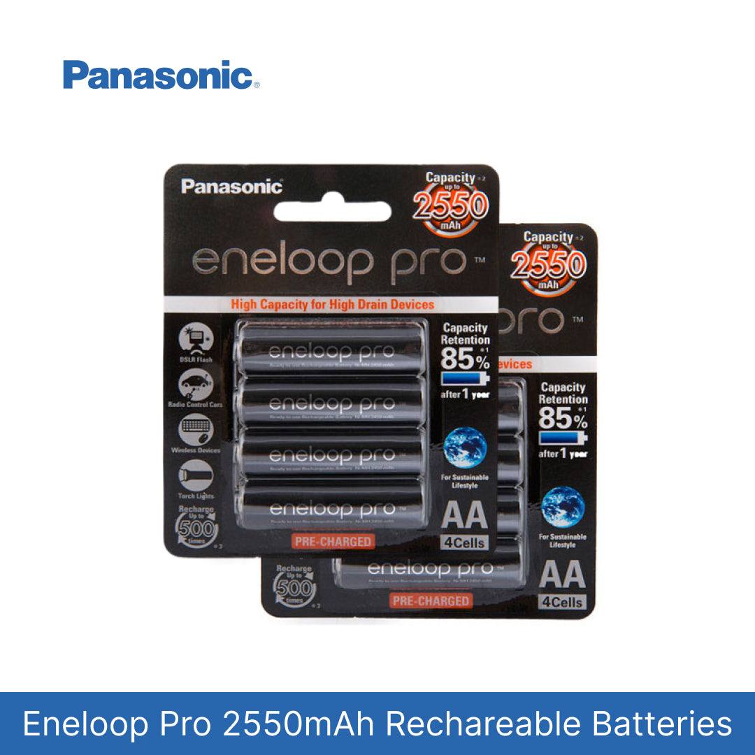 Packaging of Panasonic eneloop Pro 2550mAh rechargeable batteries on a white background