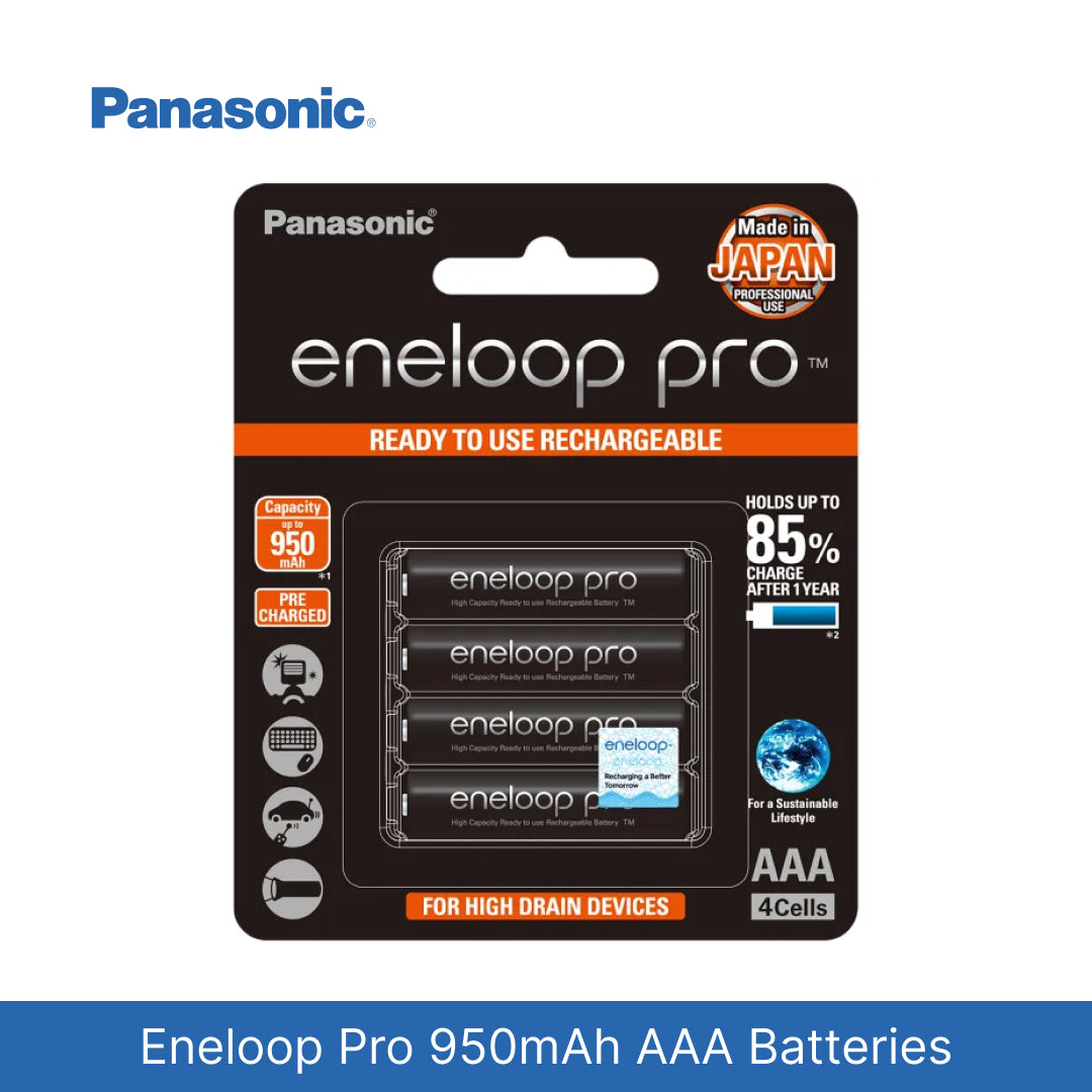Panasonic eneloop pro AAA battery pack with branding and product details on a white background