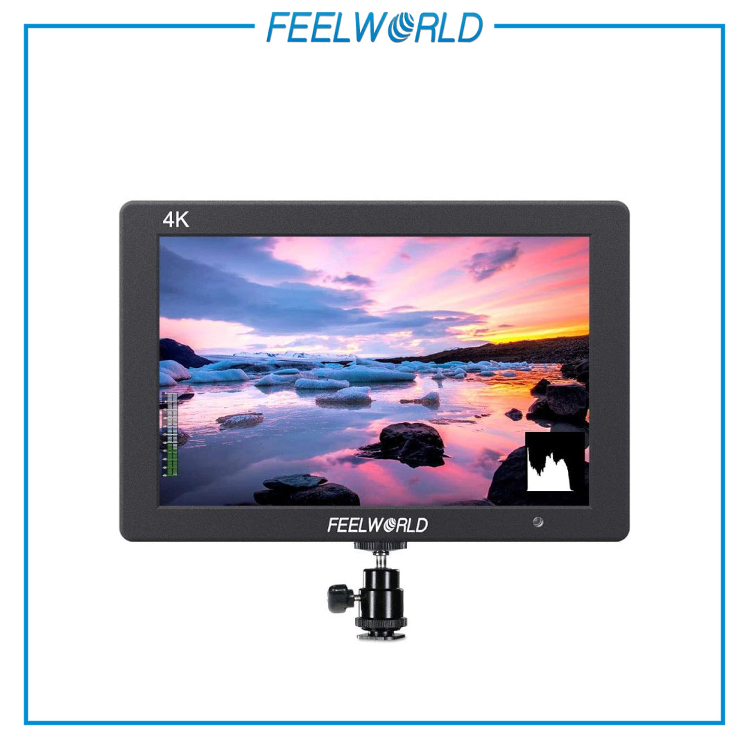 A FeelWorld T7 Plus V2 7-inch IPS LCD on-camera monitor displaying a vibrant image with rocks and water reflecting in the sunset.