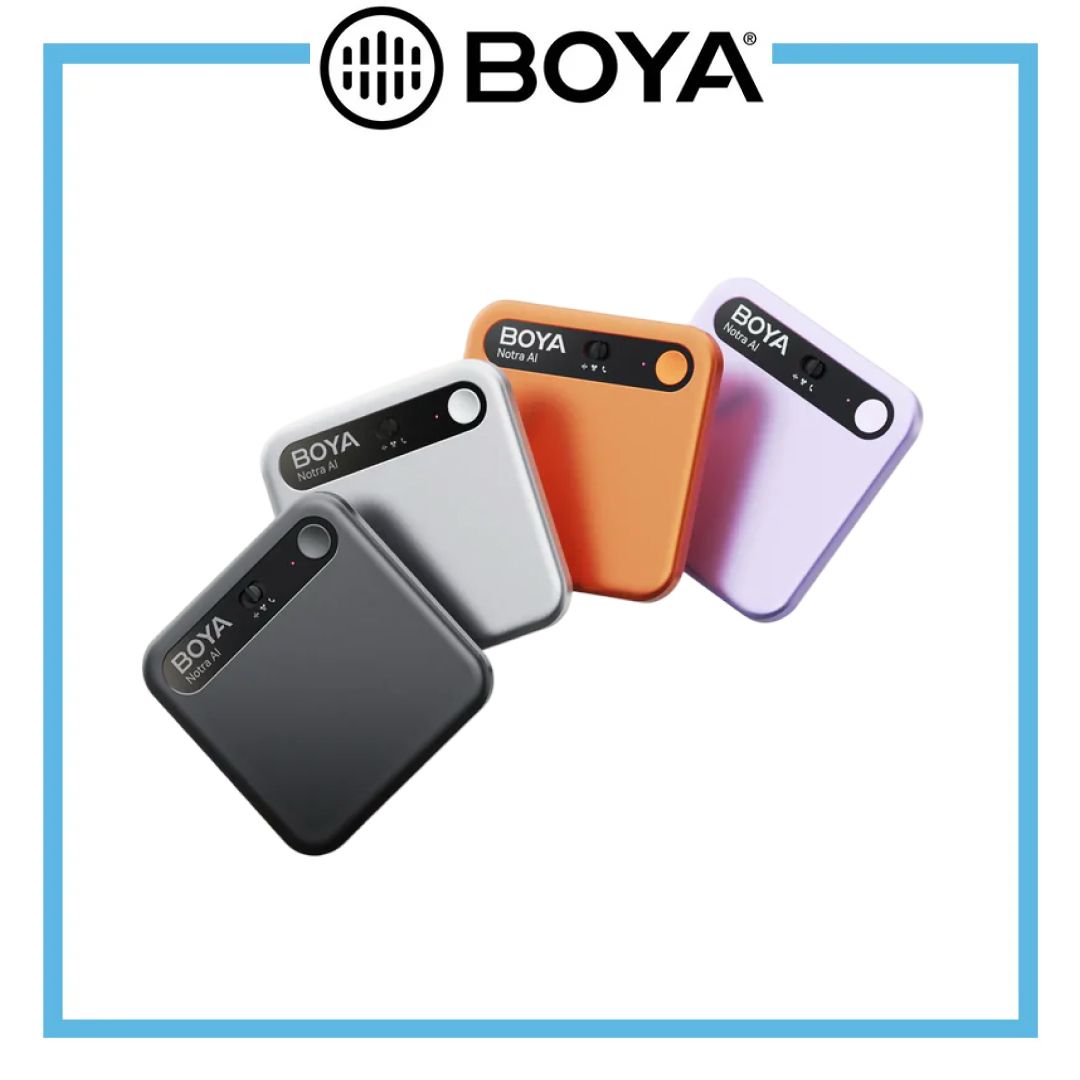 Four BOYA Notra portable devices in different colors on a white background with BOYA branding.