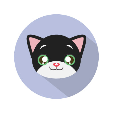 Cartoon cat face with green eyes and pink ears on a purple circle background