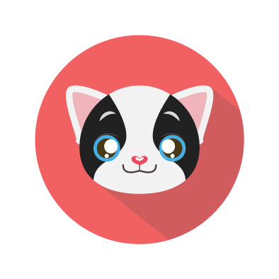 Cartoon cat face with blue eyes and a red circle background