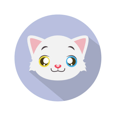 Cartoon cat face with colorful eyes on a purple circle background